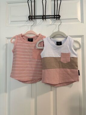 Little Bipsy Pink & White Tank Top Set with Tan Accent
